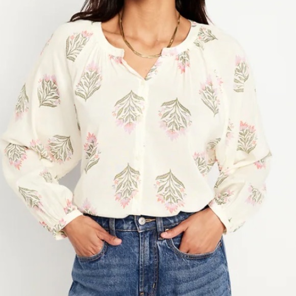 OLD NAVY Floral Print SHIRRED BOHO Blouse with Pink and Green Accents, SIZE XL - Picture 1 of 9